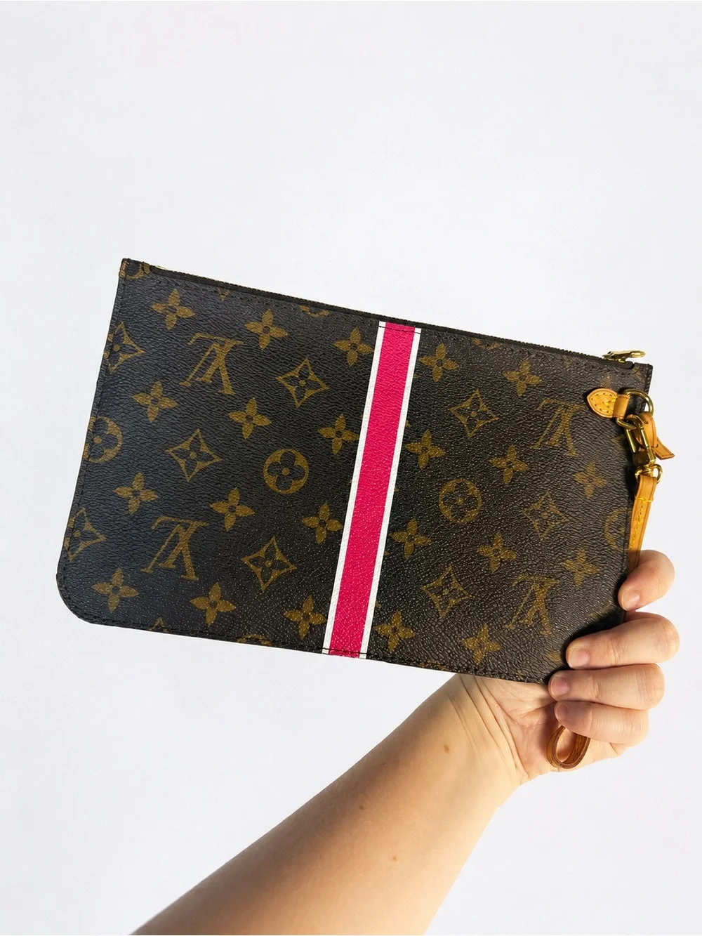 Louis Vuitton Monogram Wristlet Pouch with Pink and White Center Stripe